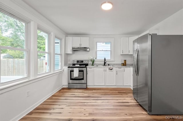 kitchen featuring light countertops, appliances with stainless steel finishes, white cabinetry, a sink, and under cabinet range hood