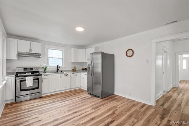 kitchen featuring visible vents, appliances with stainless steel finishes, light countertops, under cabinet range hood, and a sink