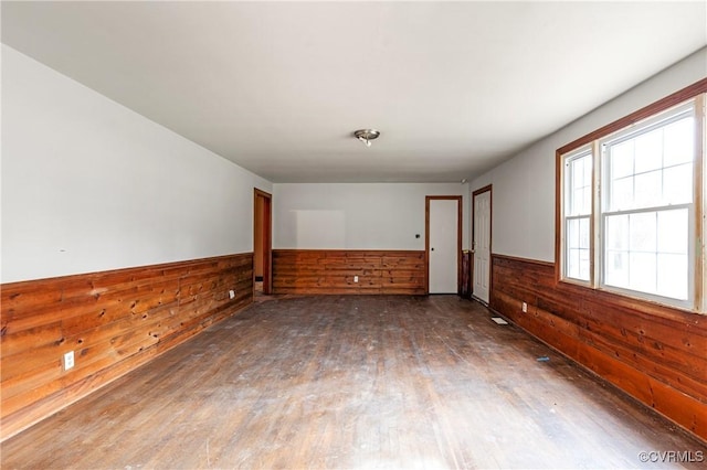 spare room with wainscoting, wood-type flooring, and wooden walls