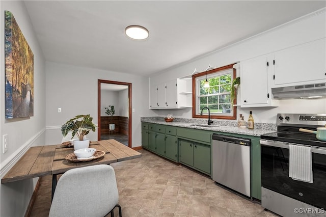 1909 Dinwiddie Ave, Hopewell, VA 23860 - kitchen featuring appliances with stainless steel finishes, under cabinet range hood, green cabinetry, and white cabinets