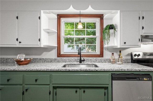 1909 Dinwiddie Ave, Hopewell, VA 23860 - kitchen featuring stainless steel appliances, green cabinets, open shelves, and ventilation hood