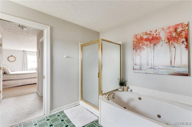 bathroom featuring ensuite bath, a jetted tub, a stall shower, and a textured ceiling