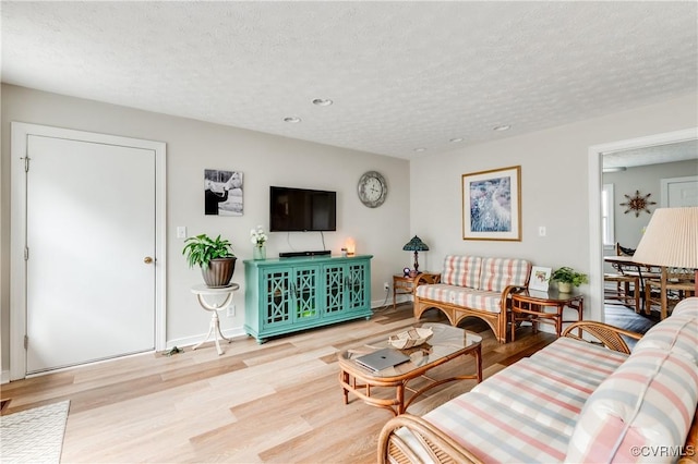 living area featuring baseboards, a textured ceiling, and light wood-style floors