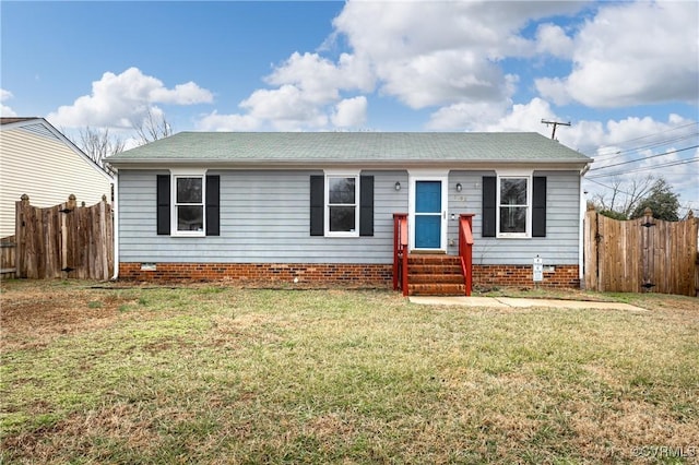 view of front facade with crawl space, fence, a front lawn, and entry steps