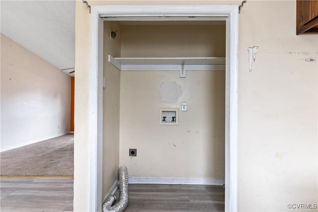 laundry room featuring washer hookup, electric dryer hookup, baseboards, and wood finished floors