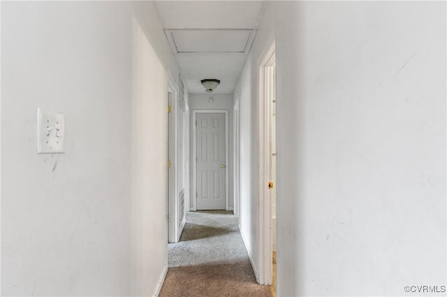 corridor with attic access and carpet