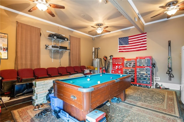 rec room with pool table, ornamental molding, wood finished floors, and a ceiling fan