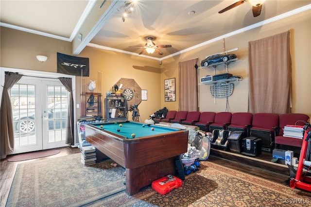 recreation room featuring french doors, ornamental molding, ceiling fan, wood finished floors, and billiards