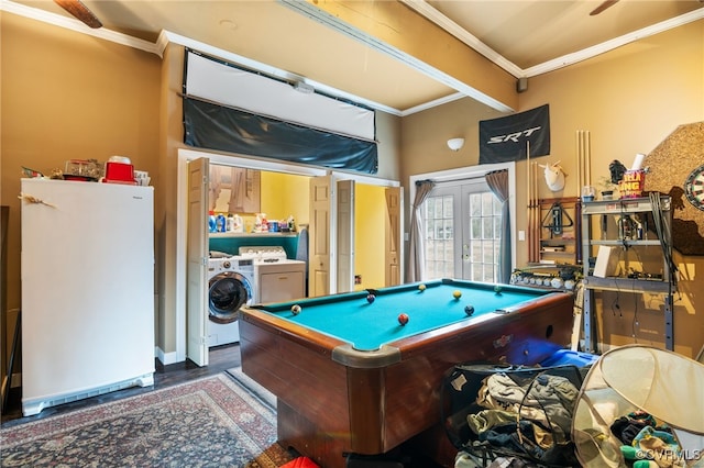 playroom featuring wood finished floors, pool table, independent washer and dryer, crown molding, and french doors