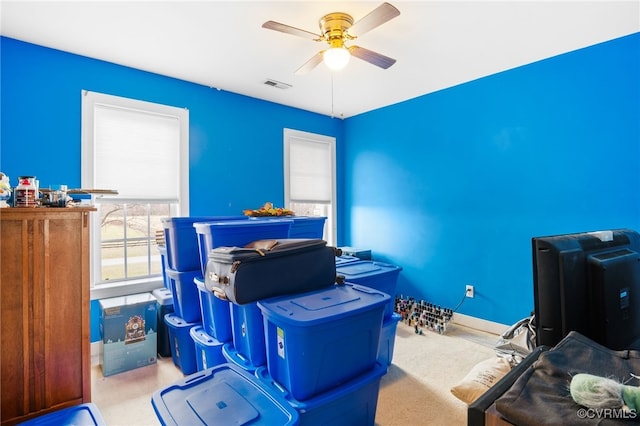 office featuring visible vents, ceiling fan, and baseboards