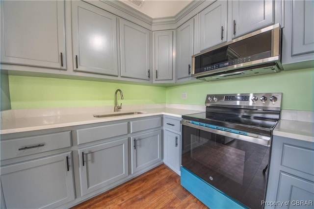 kitchen with gray cabinetry, dark wood-style flooring, a sink, light countertops, and appliances with stainless steel finishes