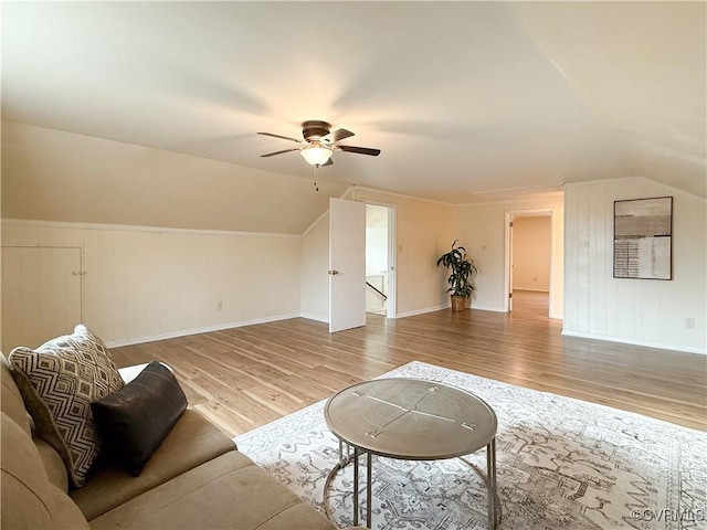 1934 Wood St, Richmond, VA 23223 - living room featuring baseboards, lofted ceiling, light wood-style floors, and a ceiling fan