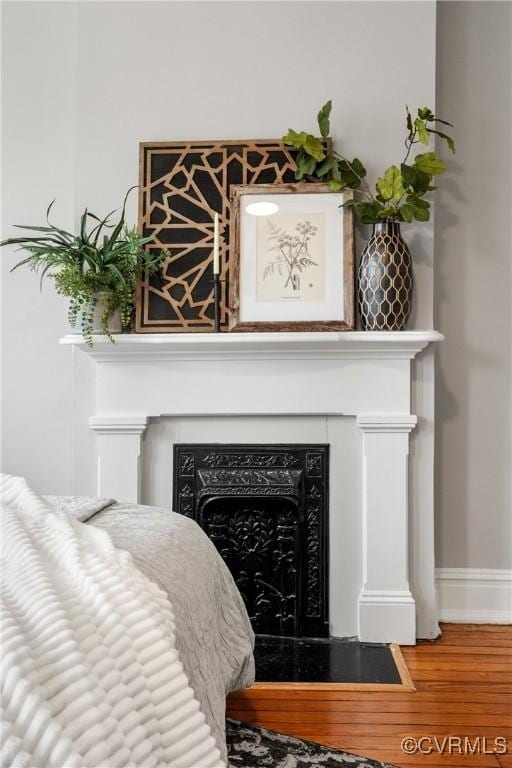 room details featuring a fireplace, baseboards, and wood finished floors