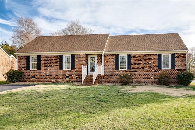 single story home with crawl space, brick siding, a front lawn, and roof with shingles