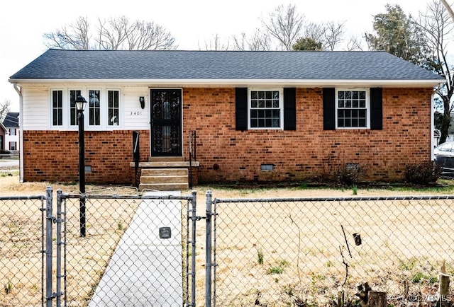 view of front facade with brick siding, crawl space, fence, and a gate