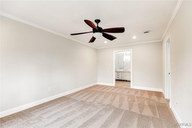 unfurnished room with crown molding, recessed lighting, light colored carpet, visible vents, and baseboards