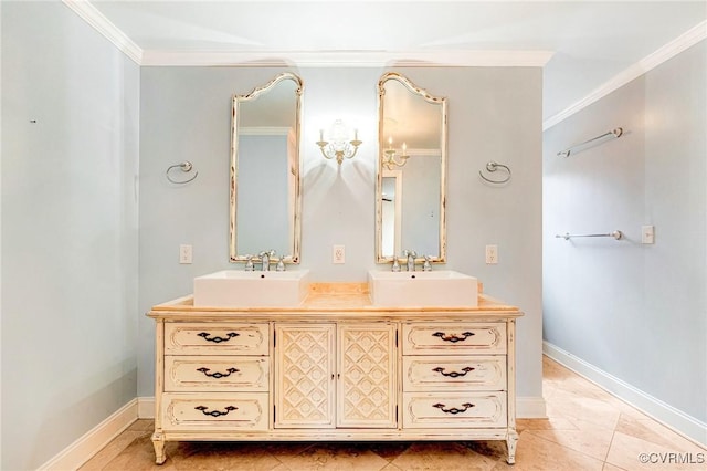 full bathroom with ornamental molding, a sink, baseboards, and double vanity