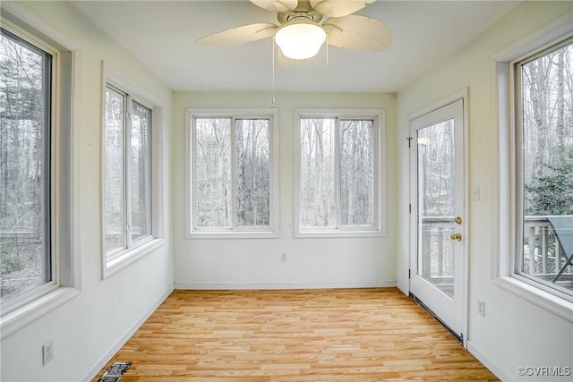 sunroom / solarium with ceiling fan, visible vents, and a healthy amount of sunlight