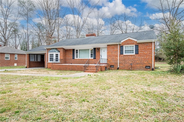 ranch-style house featuring brick siding, a chimney, roof with shingles, crawl space, and a front yard