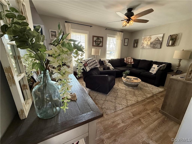 living room with a ceiling fan and wood finished floors