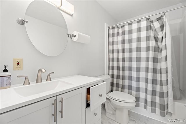 full bath featuring shower / bathtub combination with curtain, marble finish floor, vanity, and toilet