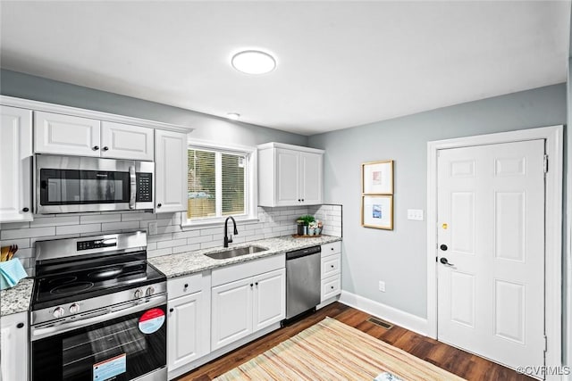 kitchen featuring stainless steel appliances, a sink, white cabinetry, dark wood-style floors, and tasteful backsplash