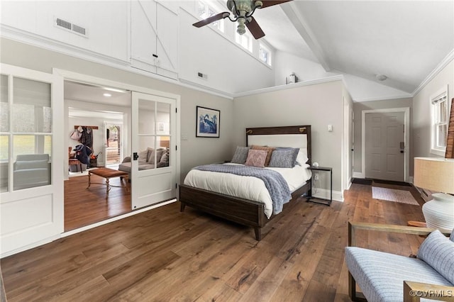 285 Ferry Landing Rd, Dunnsville, VA 22454 - bedroom with multiple windows, hardwood / wood-style floors, ornamental molding, a ceiling fan, and high vaulted ceiling