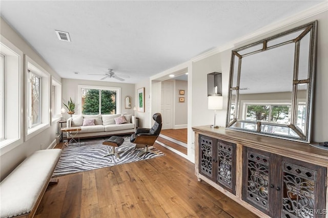 living area with a ceiling fan, wood-type flooring, visible vents, and baseboards