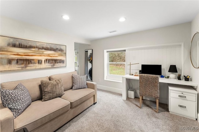 home office with recessed lighting, light carpet, visible vents, and baseboards