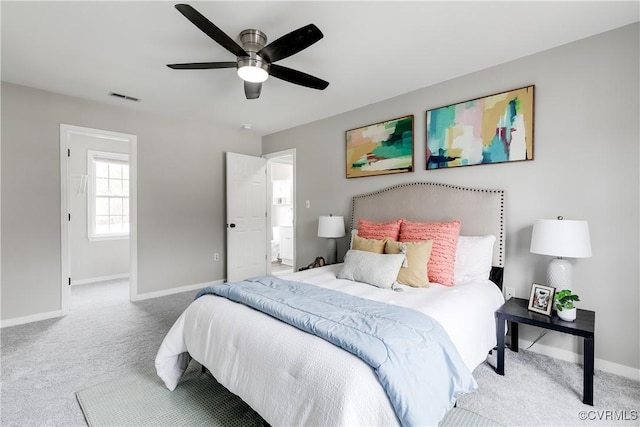 bedroom featuring visible vents, ceiling fan, baseboards, and carpet floors