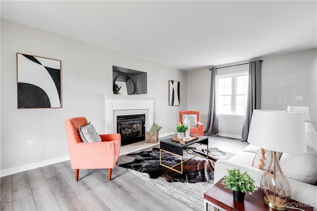 living area featuring baseboards, wood finished floors, and a glass covered fireplace