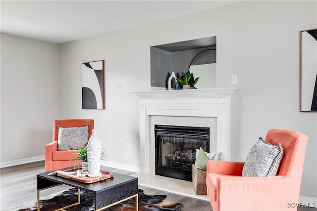 sitting room with baseboards, wood finished floors, and a fireplace