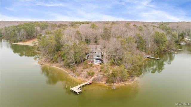 drone / aerial view with a wooded view and a water view