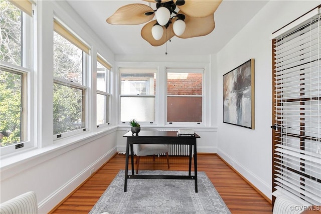 office area with baseboards, light wood-type flooring, and ceiling fan