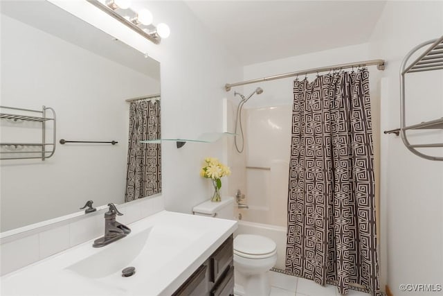 bathroom featuring vanity, toilet, shower / bathtub combination with curtain, and tile patterned flooring