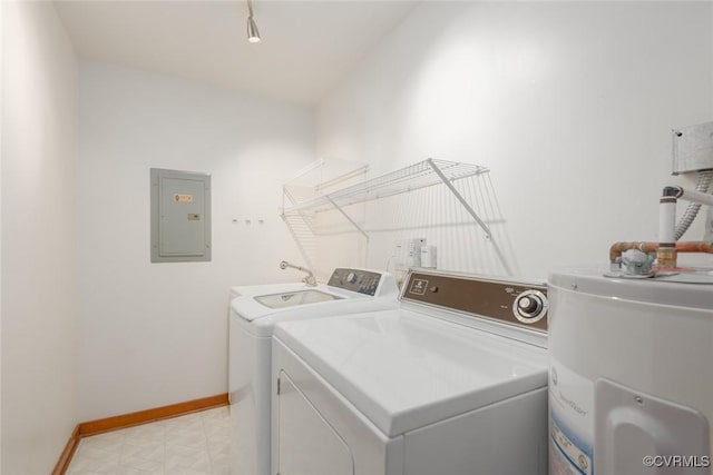 laundry room with electric panel, electric water heater, washing machine and dryer, baseboards, and laundry area