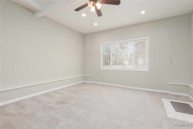 carpeted spare room featuring recessed lighting, baseboards, and ceiling fan