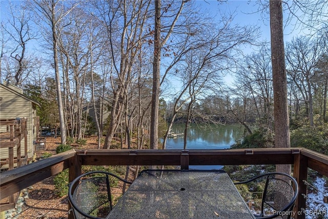 wooden terrace featuring a water view