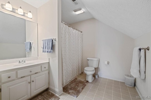 full bathroom with vaulted ceiling, a textured ceiling, vanity, and toilet