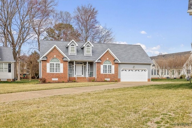 cape cod-style house with crawl space, a front yard, and brick siding