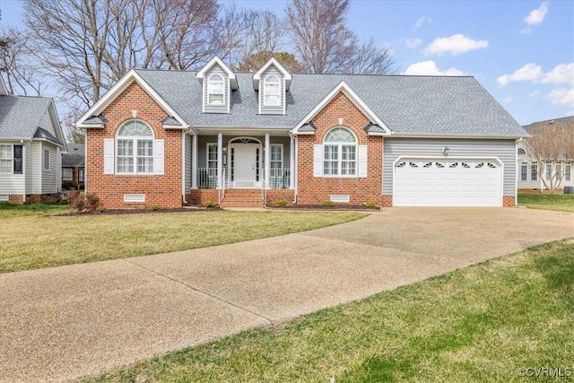 cape cod house featuring brick siding, a shingled roof, a front yard, crawl space, and driveway