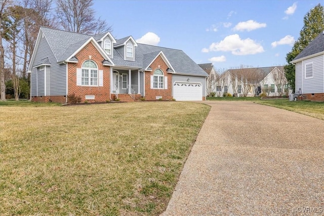 cape cod home with driveway, brick siding, crawl space, and a front yard