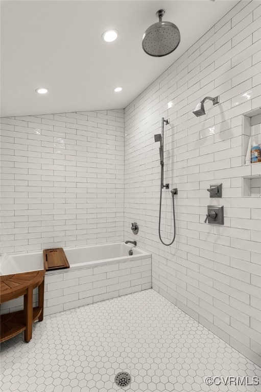 bathroom with tiled shower, tile patterned floors, a garden tub, and recessed lighting