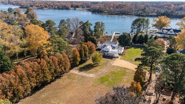 birds eye view of property with a water view and a view of trees