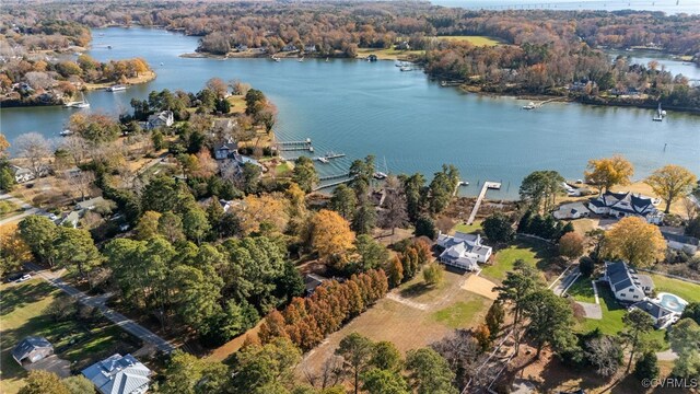 birds eye view of property with a water view and a view of trees