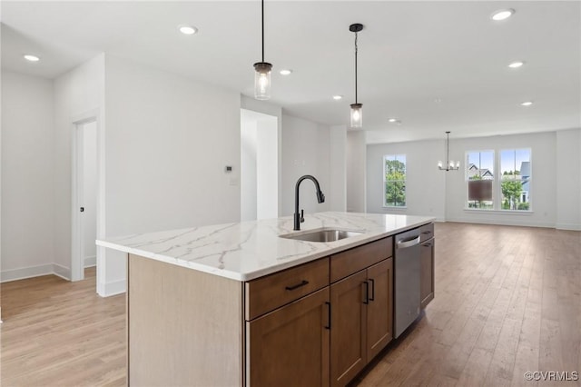 12149 Morning Walk, Henrico, VA 23233 - kitchen featuring a sink, stainless steel dishwasher, light wood-type flooring, baseboards, and light stone countertops