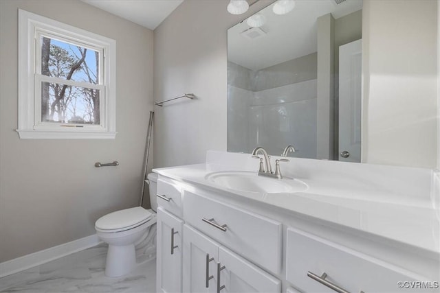 full bathroom featuring baseboards, a shower, toilet, marble finish floor, and vanity