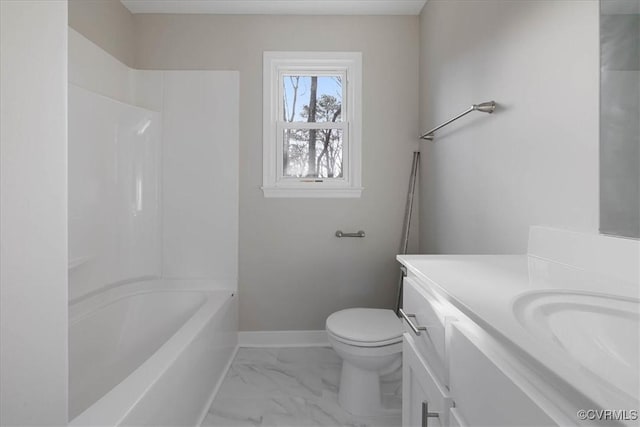 bathroom with baseboards, toilet, marble finish floor, bathtub / shower combination, and vanity