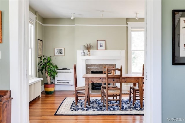 office area featuring wood finished floors, heating unit, and a fireplace