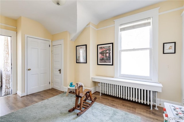 interior space featuring baseboards, radiator, lofted ceiling, and wood finished floors